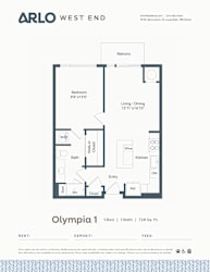 A floor plan for a one bedroom apartment in the Olympia 1 building by Arlo West End.