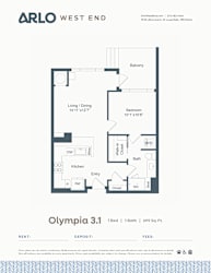 A floor plan for a property by Arlo West End shows a bedroom, bathroom, living/dining area, and kitchen.