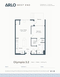 A floor plan for a property by Arlo West End shows a bedroom, bathroom, living/dining area, and kitchen.