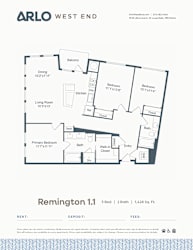A floor plan for a 3 bedroom, 2 bathroom apartment at Arlo West End.