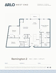 A floor plan for a 3 bedroom, 2 bathroom apartment.