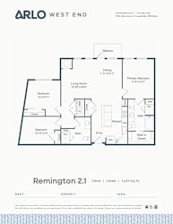 A floor plan for a 3 bedroom, 2 bathroom apartment at ARLO West End.