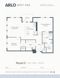 A floor plan for a property by Arlo West End shows a living area, a kitchen, a dining area, a primary bedroom, a secondary bedroom, and a bathroom.