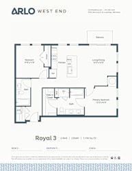 A floor plan for a property by Arlo West End shows a 2 bedroom, 2 bathroom apartment.