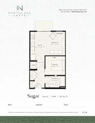 A floor plan for a property named Sugar, which includes a kitchen, living room, bathroom, and laundry room.
