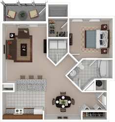 A floor plan of a house with a kitchen, living room, and bathroom.