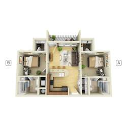 A 3D floor plan of a house with labeled sections A and B.