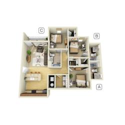 A 3D floor plan of a small apartment with three bedrooms and a living room.