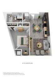 A1 floor plan showing a kitchen, living room, dining room, and bathroom.