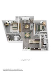 A floor plan of a room with a kitchen, living room, and two bedrooms.