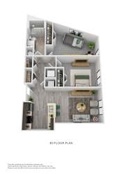 A 3D floor plan of apartment B3 showing a kitchen, living room, dining room, and bedrooms.