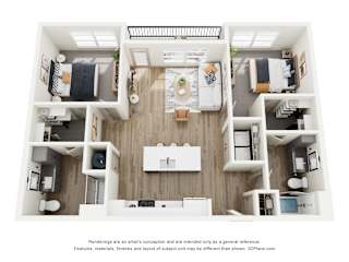 A 3D floor plan of a small apartment with a kitchen, living room, and two bedrooms.