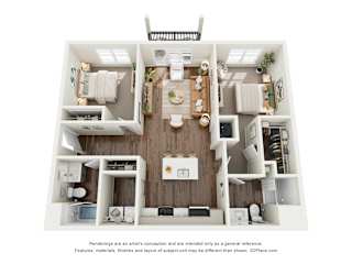A 3D floor plan of a house with a kitchen, living room, and two bedrooms.