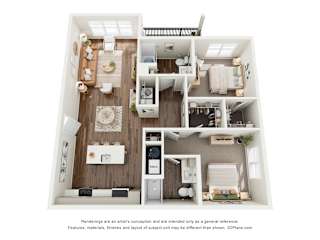 A 3D floor plan of a small apartment with a kitchen, living room, and bedroom.