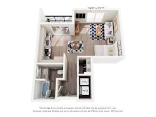 A 3D floor plan of a small apartment with a kitchen, living room, and bathroom.