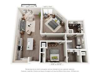 A 3D floor plan of a small apartment with a kitchen, living room, and bedroom.