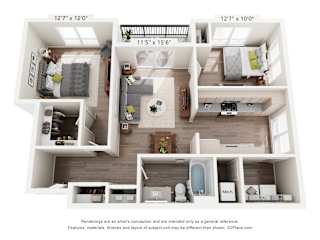 A floor plan of a two-bedroom apartment with a living room, kitchen, and bathroom.
