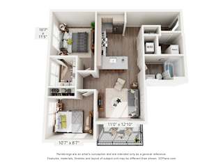 A 3D floor plan of a small apartment with a kitchen, living room, and bathroom.