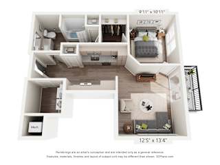 A floor plan of a small apartment with a kitchen, living room, and two bedrooms.