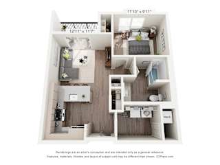 A 3D floor plan of a small apartment with a kitchen, living room, and bedroom.