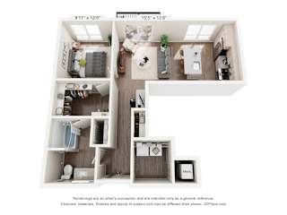 A 3D floor plan of a small apartment with a kitchen, living room, and bathroom.