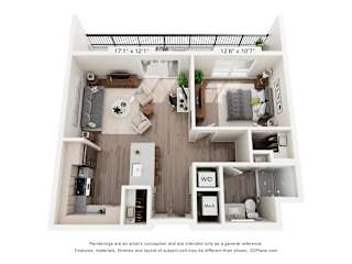 A 3D floor plan of a small apartment with a kitchen, living room, and bathroom.