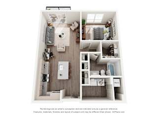 A 3D floor plan of a small apartment with a kitchen, living room, and bedroom.