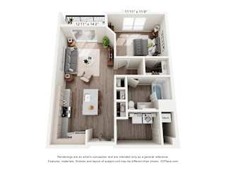 A 3D floor plan of a small apartment with a kitchen, living room, and bathroom.