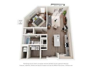 A 3D floor plan of a house with a kitchen, living room, and two bedrooms.
