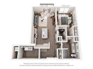 A 3D floor plan of a small apartment with a kitchen, living room, and bathroom.