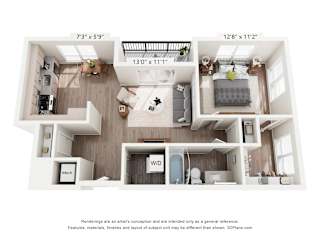 A floor plan of a two-bedroom apartment with a living room, kitchen, and bathroom.