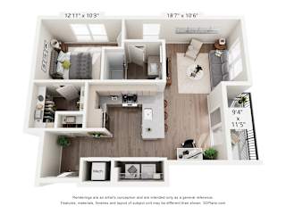 A 3D floor plan of a house with a living room, kitchen, and two bedrooms.