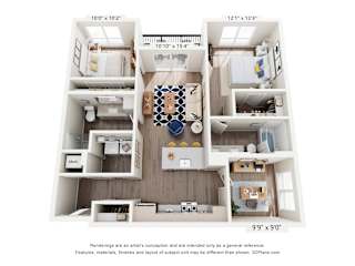 A 3D floor plan of a house with a kitchen, living room, and two bedrooms.