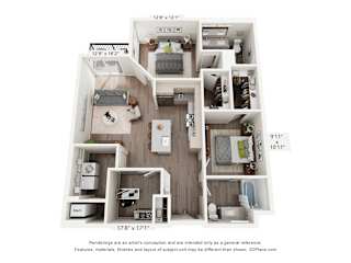 A 3D floor plan of a small apartment with a kitchen, living room, and bathroom.