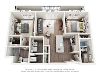 A floor plan of a small apartment with a kitchen, living room, and two bedrooms.