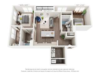 A 3D floor plan of a small apartment with a kitchen, living room, and bedroom.