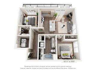 A 3D floor plan of a small apartment with a kitchen, living room, and bedroom.