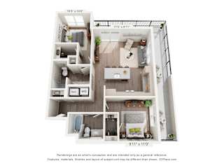 A floor plan of a small apartment with a kitchen, living room, and two bedrooms.