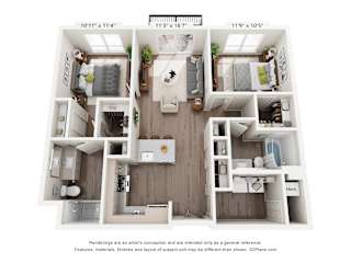 A 3D floor plan of a house with a kitchen, living room, and two bedrooms.