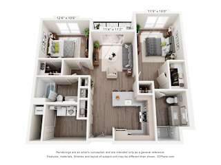 A 3D floor plan of a small apartment with a kitchen, living room, and two bedrooms.