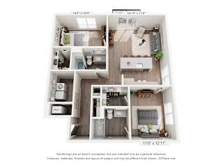 A 3D floor plan of a small apartment with a kitchen, living room, and two bedrooms.