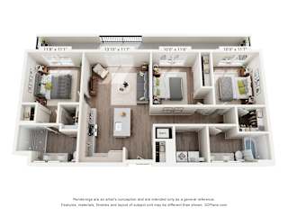 A 3D floor plan of a small apartment with a kitchen, living room, and two bedrooms.