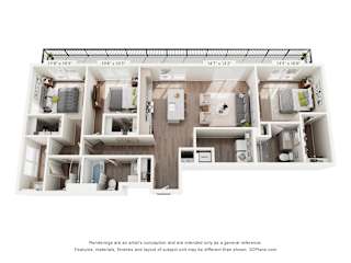 A 3D floor plan of a house with four bedrooms, a living room, a kitchen, and a bathroom.