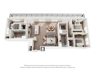 A 3D floor plan of a house with a kitchen, living room, and two bedrooms.