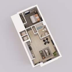 an overhead view of a 3d floor plan of a small apartment