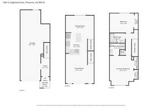 Floor plans for a three bedroom, two bathroom apartment.