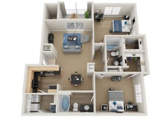 A 3D floor plan of a small apartment with two bedrooms, a living room, and a kitchen.