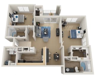 A 3D floor plan of a house with multiple rooms and furniture.