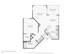 A floor plan of a house with a living room, dining room, kitchen, bedroom, bathroom and closet.