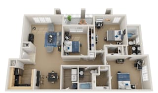 A 3D floor plan of a house with multiple rooms and furniture.